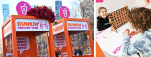 Dunkin' Connections activation featuring the Dunkin phone booth and kids playing Connect 4