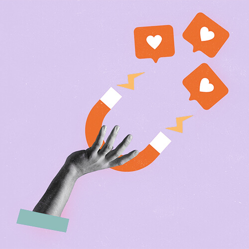 Abstract illustration of a hand holding a magnet attracting social media likes.