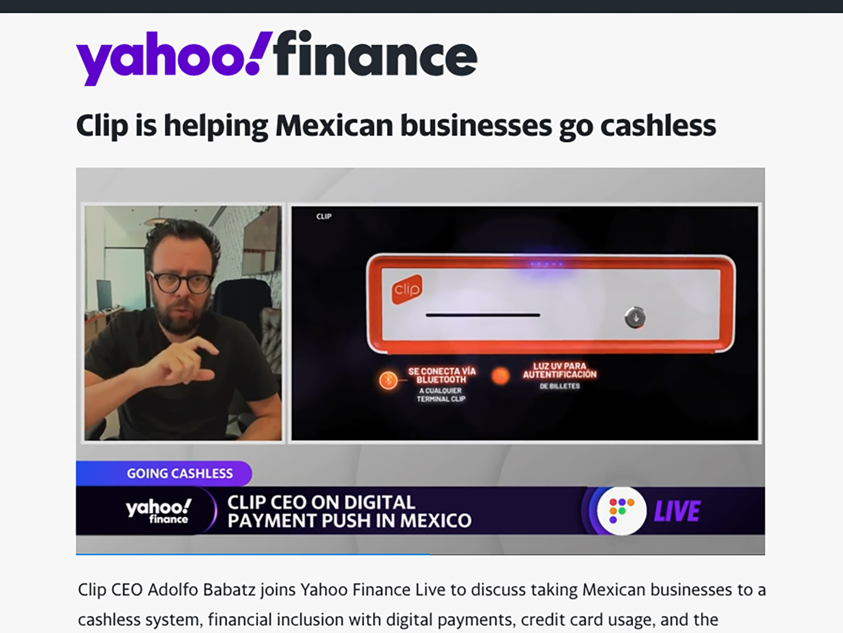 Yahoo Finance article about how Clip is helping Mexican businesses go cashless with their payment platform