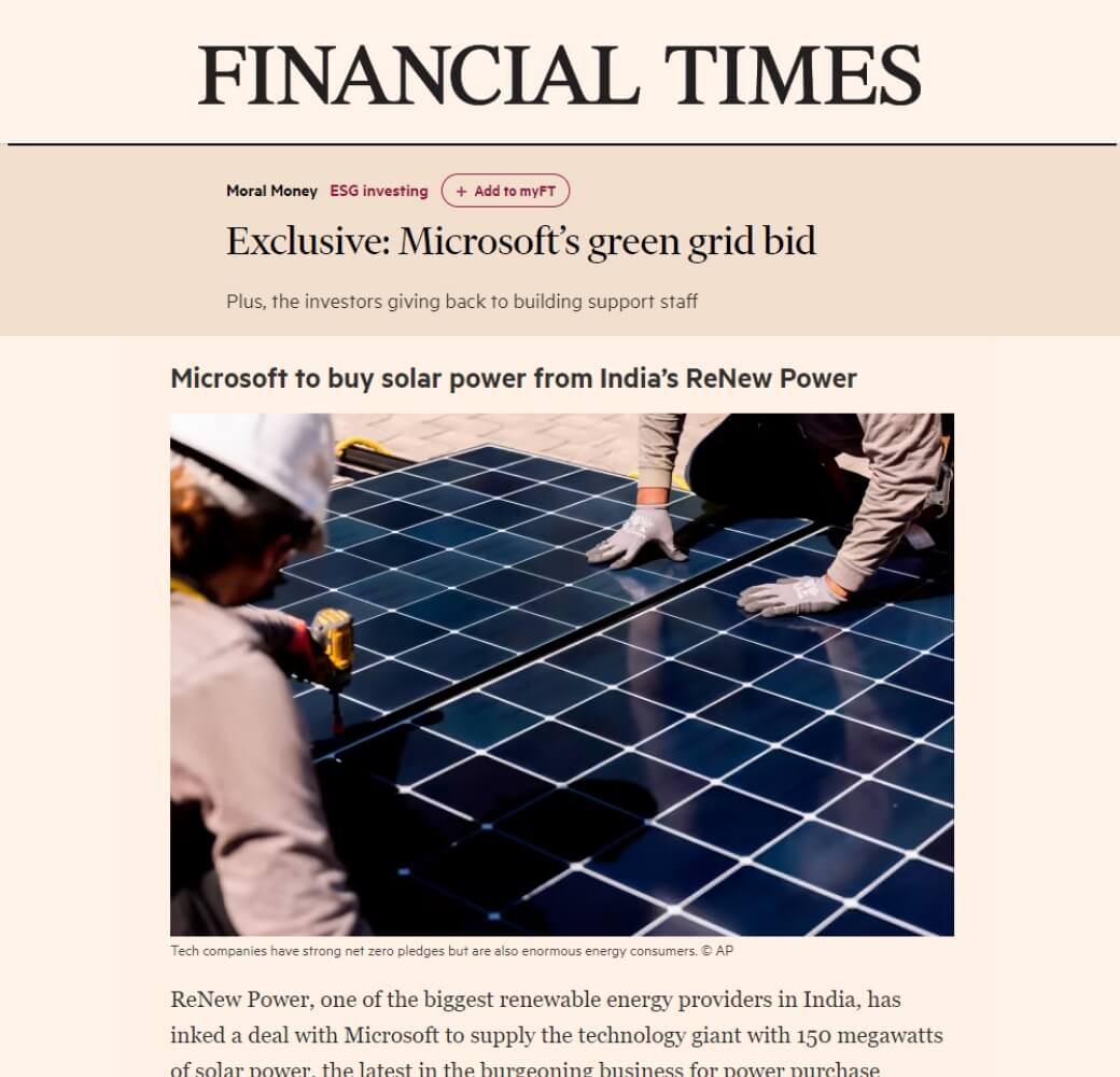 Financial Times article about Microsoft buying solar power from India's ReNew Power