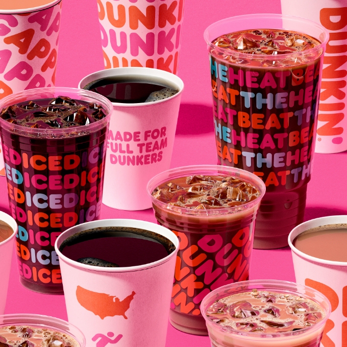 Hot and iced cups of Dunkin coffee