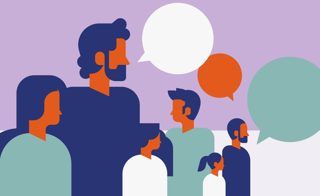 Abstract illustration of various people with speech bubbles.