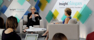 Actress Robin Wright being interviewed at the Rockefeller Foundation's Insight Dialogues event in front of crowd