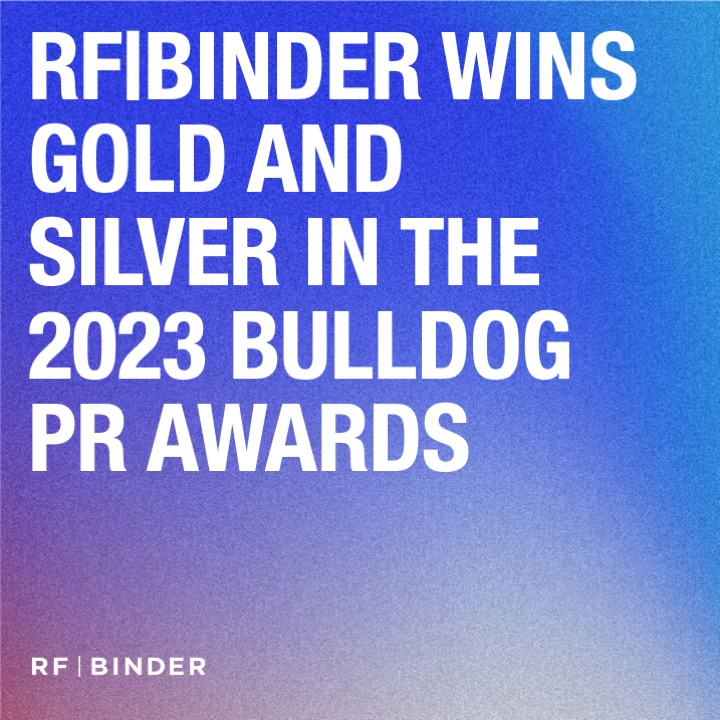 The text "RF|BINDER WINS GOLD AND SILVER IN THE 2023 BULLDOG PR AWARDs" over a blue and purple gradient background
