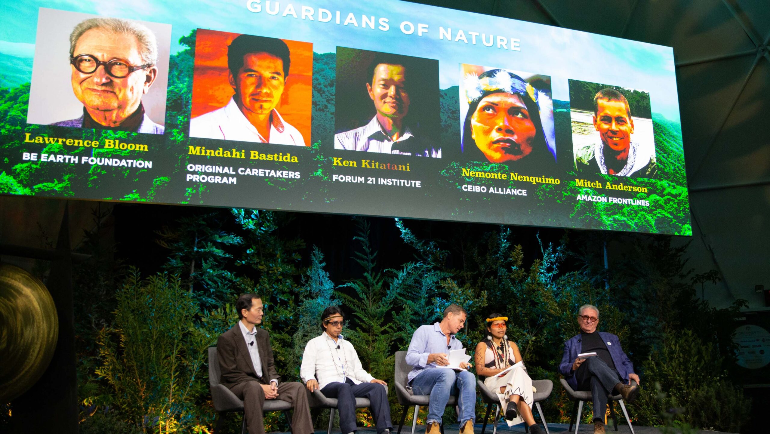 Lawrence Bloom, Mindahi Bastida, Ken Kitatani, Nemonte Nenquimo and Mitch Anderson speaking on stage at the Grounded Summit