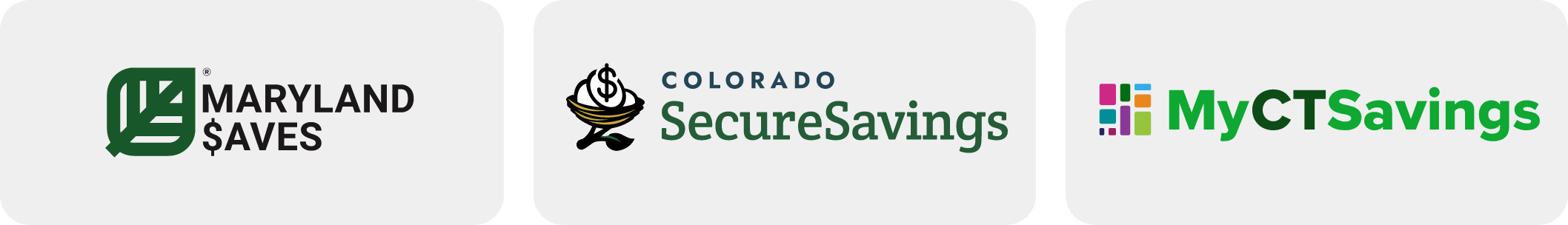 MarylandSaves logo, Colorado SecureSavings logo and MyCTSavings logo