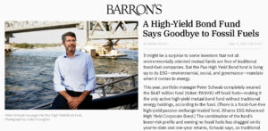 The first page of a Barron's article called "A High-Yield Bond Fund Says Goodbye to Fossil Fuels"