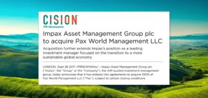 Headline from a Cision PR Newswire story reading "Impax Asset Management Group plc to acquire Pax World Management LLC