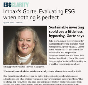 The first page of a ESG Clarity article called "Impax's Gorte: Evaluating ESG when nothing is perfect"