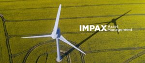 Aerial view of a windmill in a field with the Impax Asset Management logo overlayed