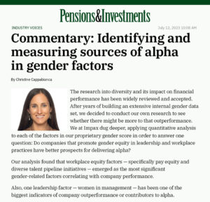 The first page of a Pensions&Investments article called "Commentary: Identifying and measuring sources of alpha in gender factors"