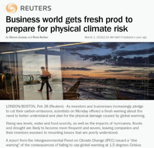 The first page of a Reuters article called "Business world gets fresh prod to prepare for physical climate risk"