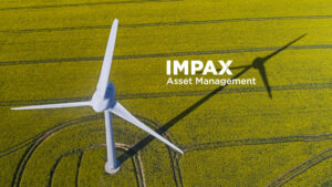 Aerial view of a windmill in a field with the Impax Asset Management logo overlayed