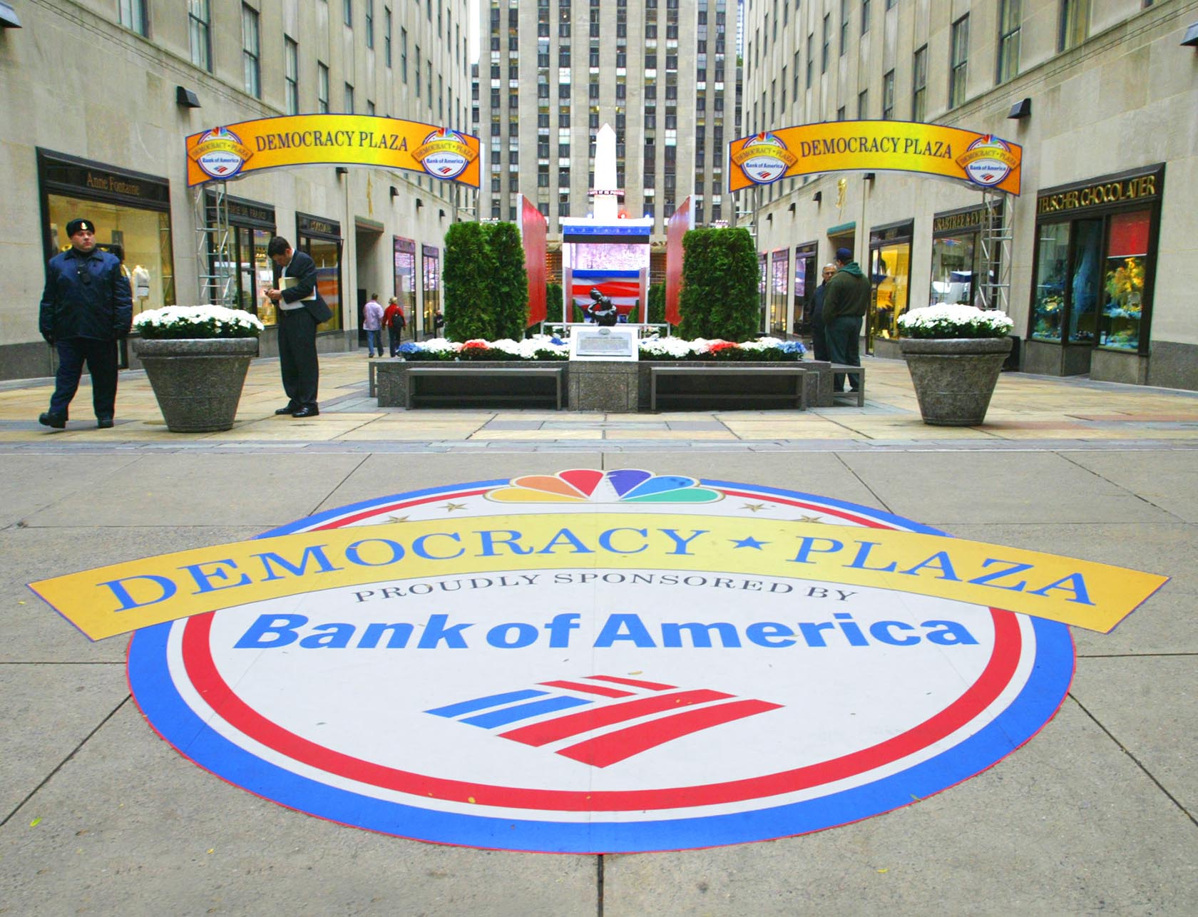 Signage of Bank of America's sponsorship of Democracy Plaza