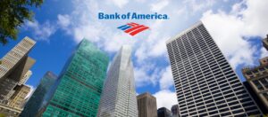 View facing upwards at three tall skyscrapers in the sky with the Bank of America logo overlayed