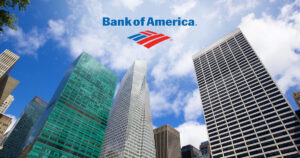 View facing upwards at three tall skyscrapers in the sky with the Bank of America logo overlayed