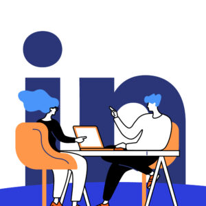Characters sitting in front of LinkedIn logo