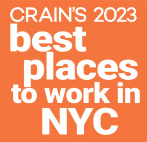 CRAIN'S 2023 best places to work in NYC white text over orange background