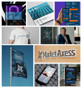 A collage of different MarketAxess communication and designed marketing materials