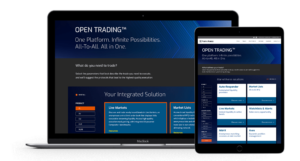 Laptop and tablet screens displaying the MarketAxess Open Trading Hub