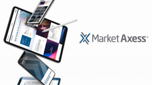 Phone and tablet screens displaying the MarketAxess website over a white background with MarketAxess logo overlayed