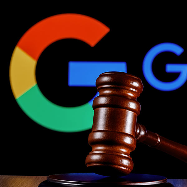 Gavel in front of Google logo