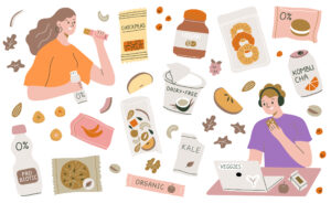 Cartoon man and woman eating healthy snacks, with a variety of healthy snacks floating over the white background