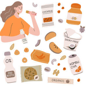 Cartoon man and woman eating healthy snacks, with a variety of healthy snacks floating over the white background