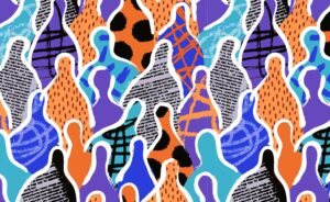 Outlines of people in a crowd, and each outline of a person has a funky and bright pattern