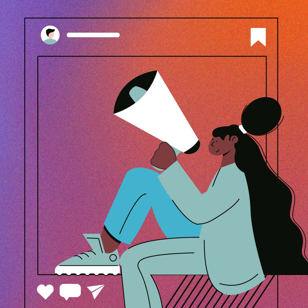 Cartoon girl with a megaphone within a social media post