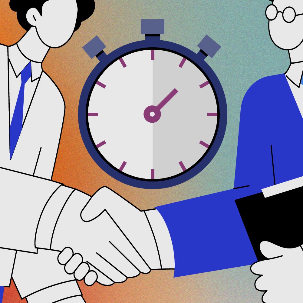 Two cartoon business people shaking hands with a stopwatch in the background