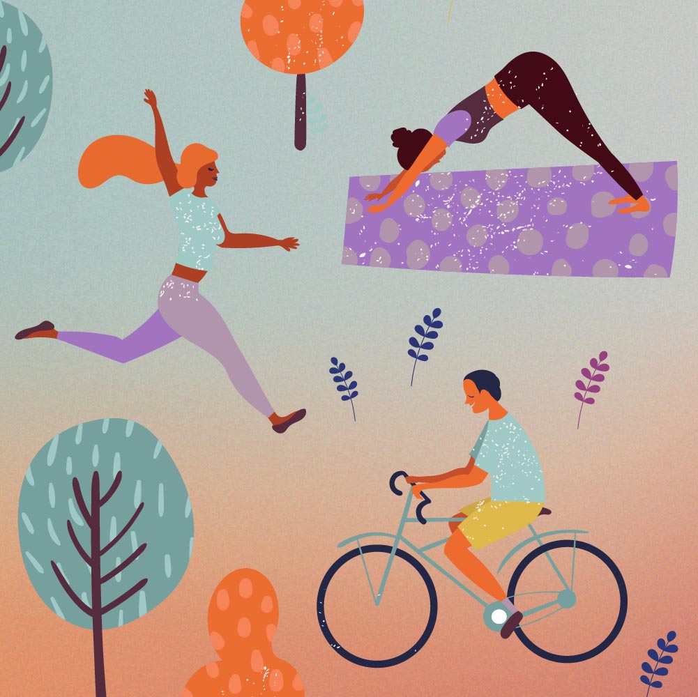 Animated characters doing activities like yoga, running, and biking