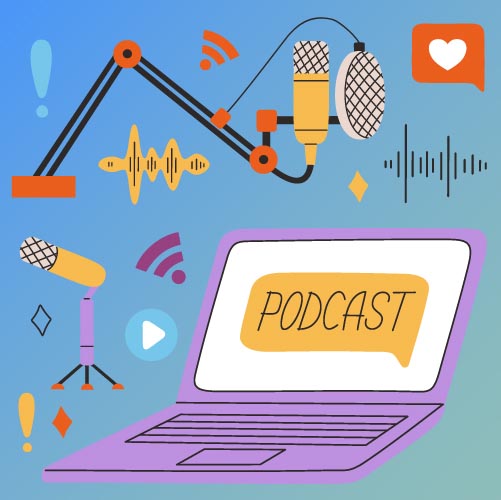 Cartoon graphics of microphones, a play button, and audio related icons and a laptop that has "podcast" written on the screen