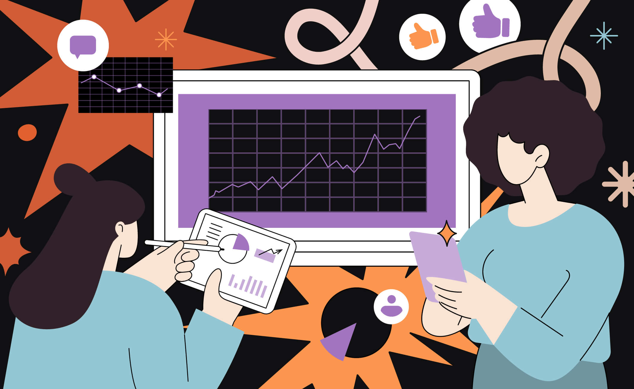 Illustration of two women reviewing data.