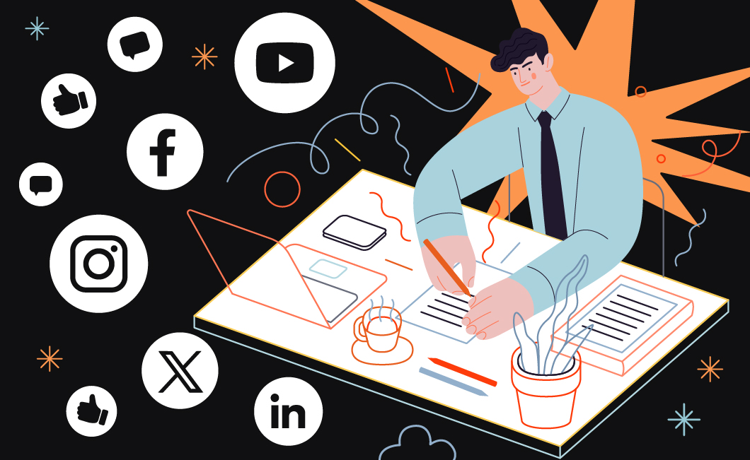 Illustration of a business man working on a desk with social media icons