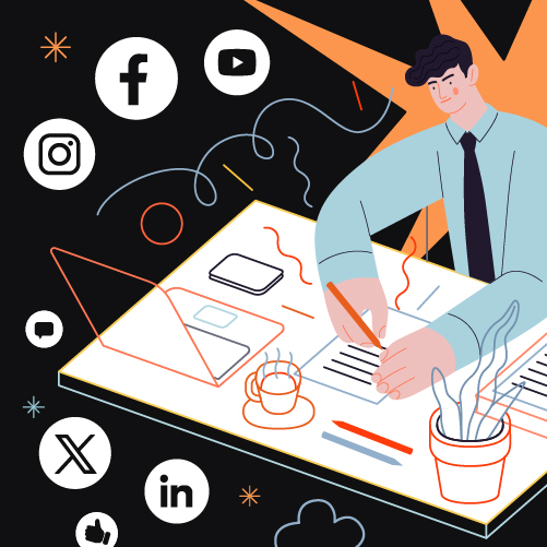 Illustration of business man working on a desk with social media icons.