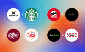 Different brand logos next to each other depicting brand partnerships between Stanley and Starbucks, Dr. Pepper and Coffee Mate, Uber Eats and TGI Fridays, and Pringles and The Caviar Co