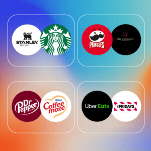 Different brand logos next to each other depicting brand partnerships between Stanley and Starbucks, Dr. Pepper and Coffee Mate, Uber Eats and TGI Fridays, and Pringles and The Caviar Co