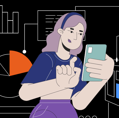 Illustration of Gen Z woman looking at her phone surrounded by financial graphics.