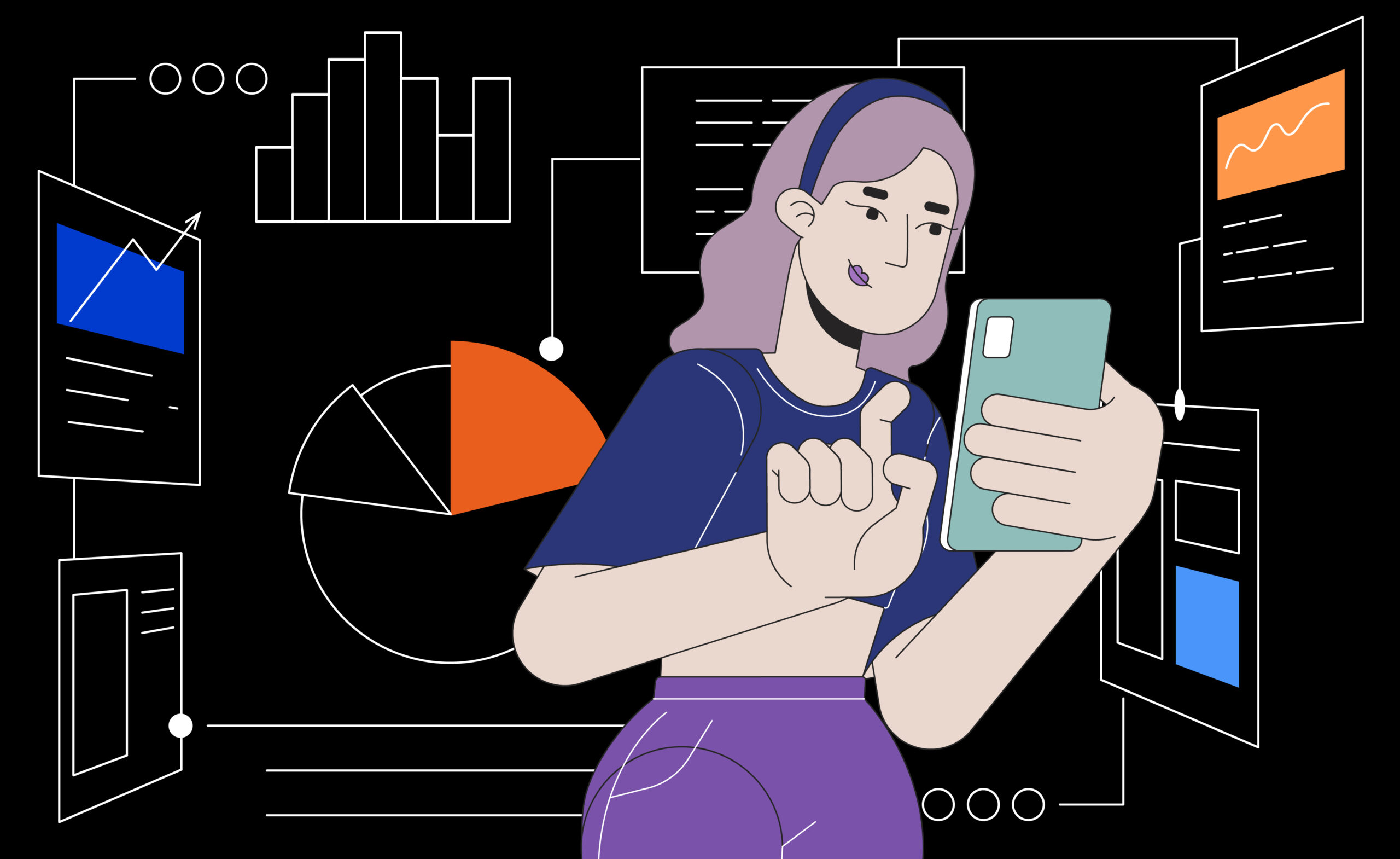 Illustration of Gen Z woman looking at her phone surrounded by financial graphics.