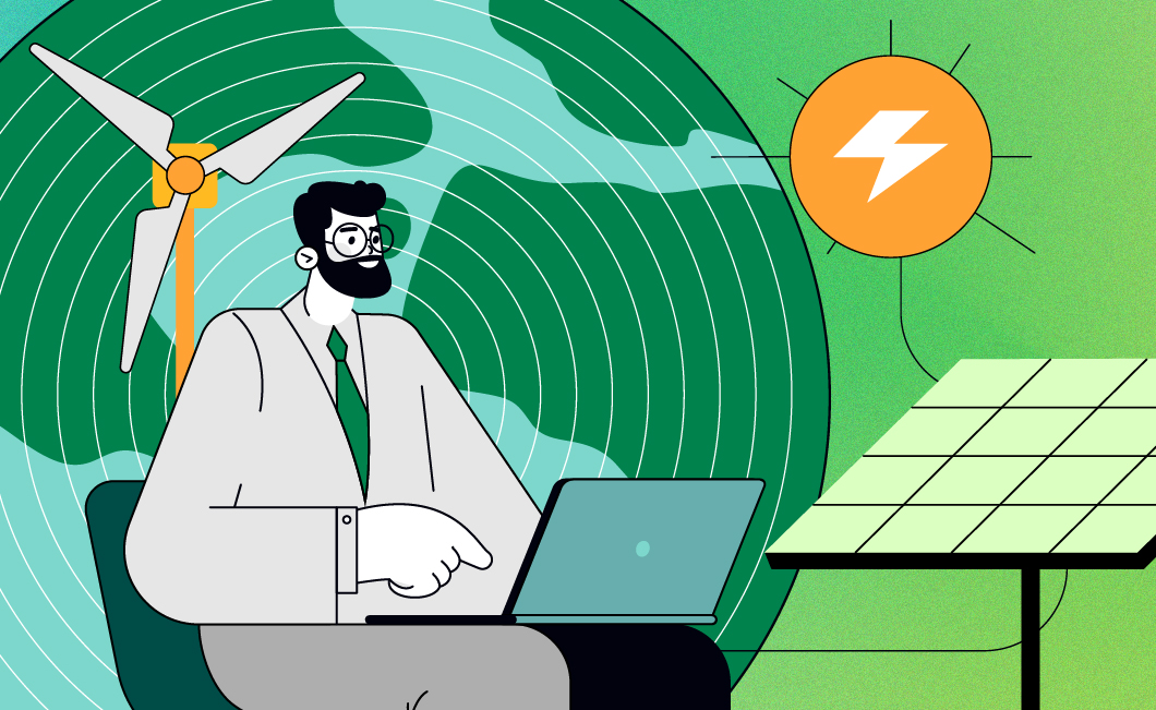 Illustration of man at laptop surrounded by renewable energy iconography.