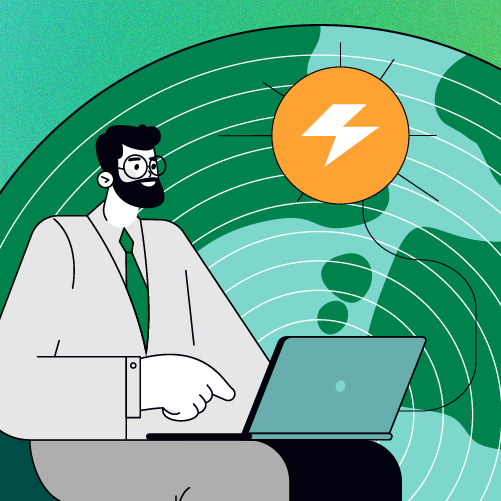 Illustration of man at laptop surrounded by renewable energy iconography.