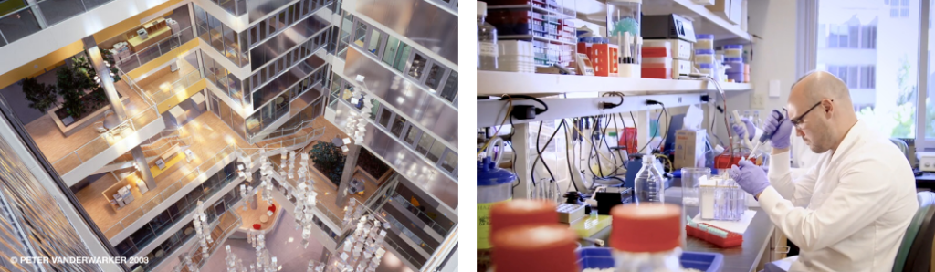 Left: image of interior of 500 Kendall; right: Image of researcher in lab.