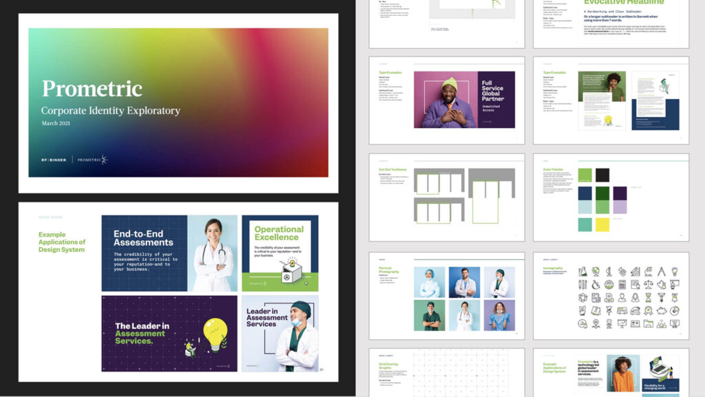 Collage of Prometric brand guidelines.