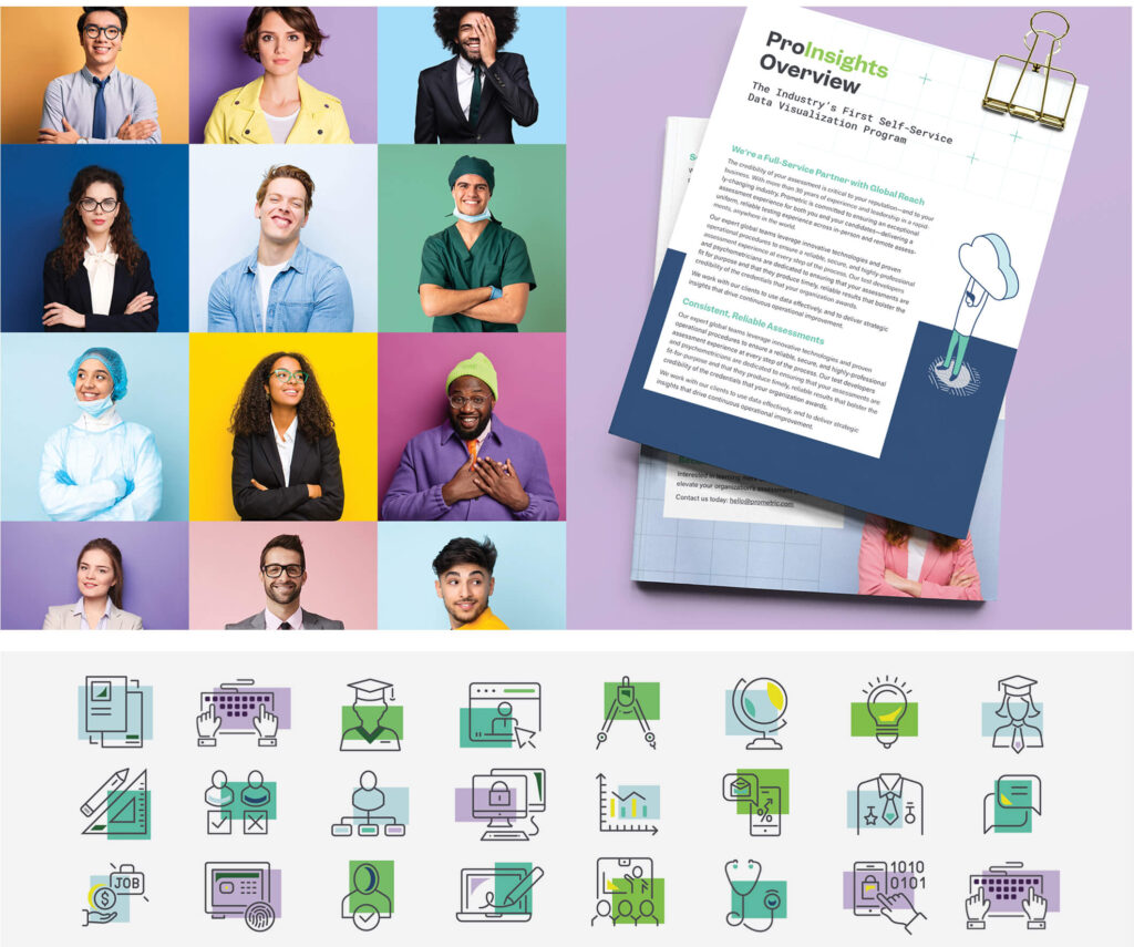 Collage of visual asset library including portrait photography, stationary and iconography.